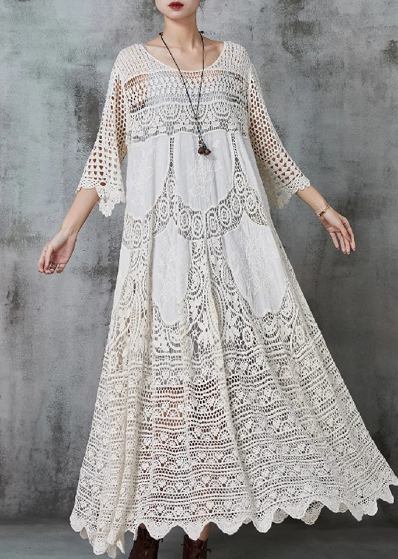 oversized dressApricot Hollow Out Cotton Long Dress Oversized Summer