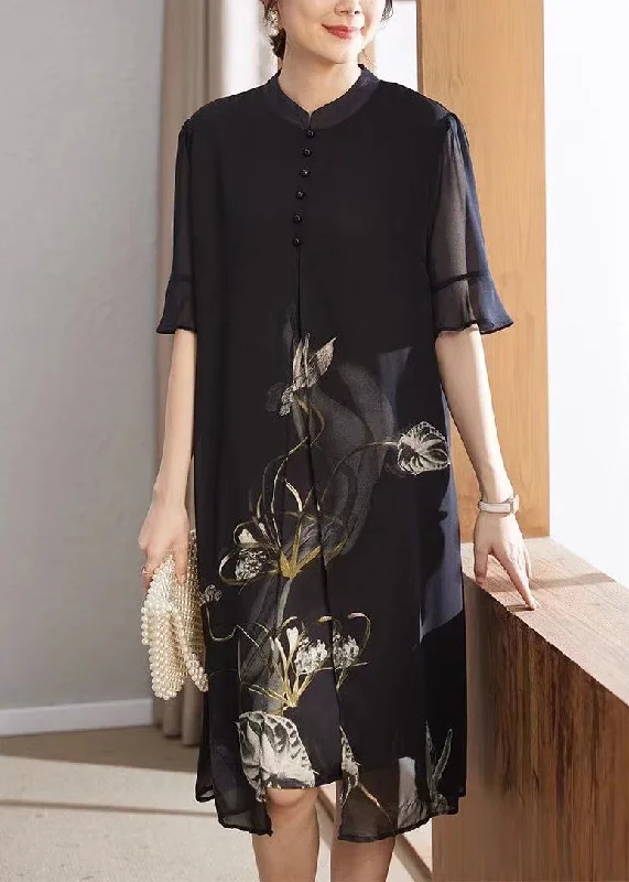 long sleeve dressFrench Navy Print False Chiffon Two Pieces Dress Half Sleeve