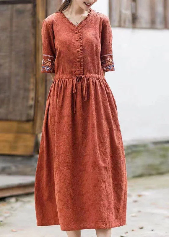 Price Cut printed dressItalian Orange V Neck Tie Waist Embroideried Cotton Dresses Short Sleeve