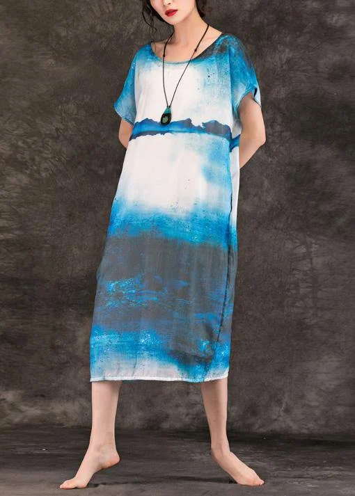 Special Discount playful dressWomen o neck pockets linen clothes For Women Online Shopping blue print Dresses summer