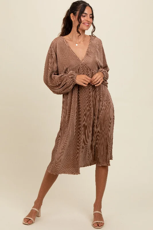 Take Advantage chic wrap dressMocha Pleated Deep V-Neck Midi Dress