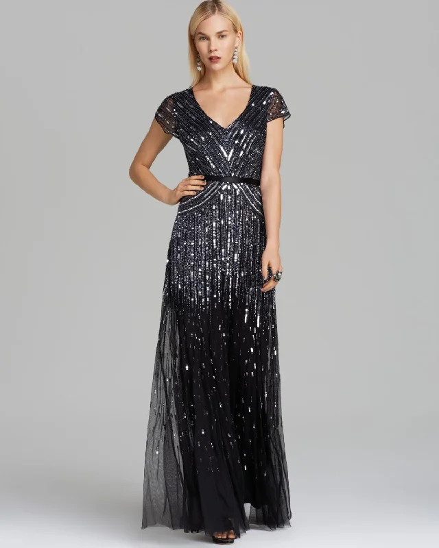 layered dressAdrianna Papell Beaded V-neck Gown - Gunmetal