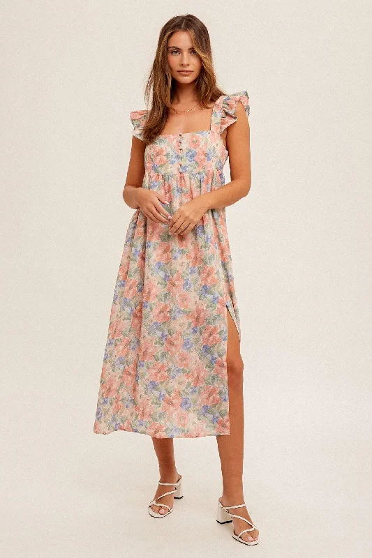 Overstock sophisticated dressRose Pink Water Color Floral Print Ruffele Sleeve Midi Dress Overstock sophisticated dressRose Pink Water Color Floral Print Ruffele Sleeve Midi Dress