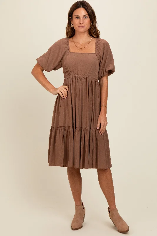Hurry In oversized dressBrown Square Neck Puff Sleeve Dress