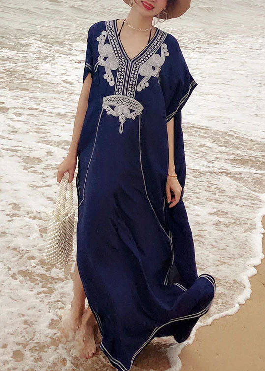 Savings Alert party-ready dressItalian Blue Embroideried side open kimono robe Maxi Dresses Summer Cotton
