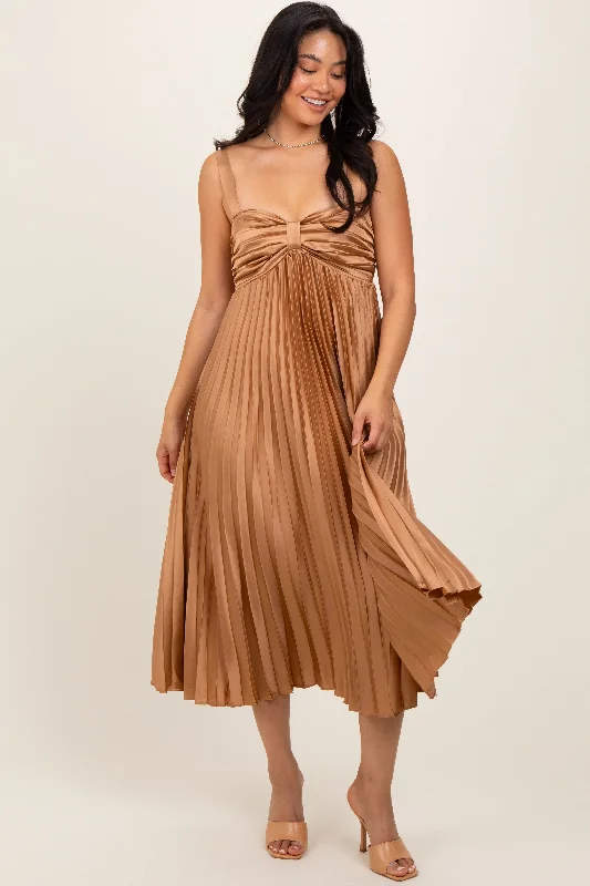 Instant Discount long sleeve dressGold Satin Pleated Sweetheart Midi Dress