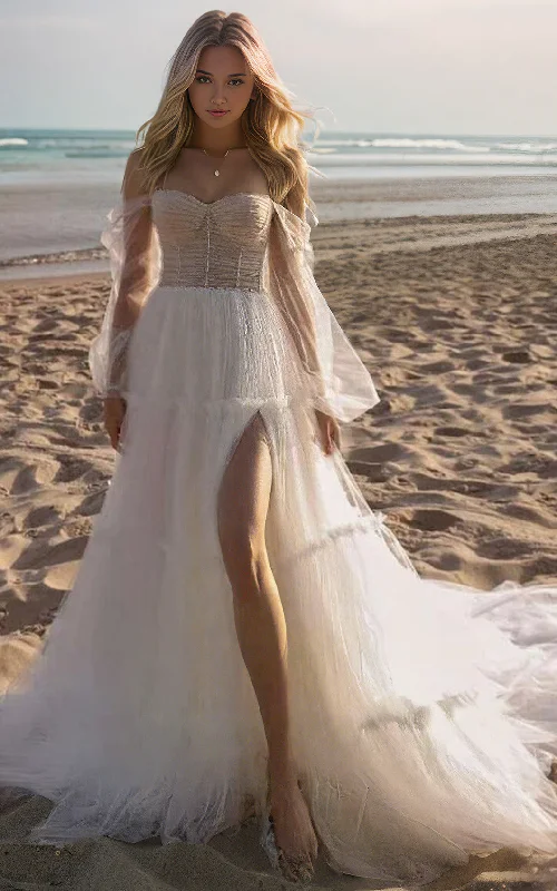 shift dressBeach Off-the-Shoulder A-Line Tulle Wedding Dress Sexy High Split Front Sweetheart Neckline Low Back Bridal Gown