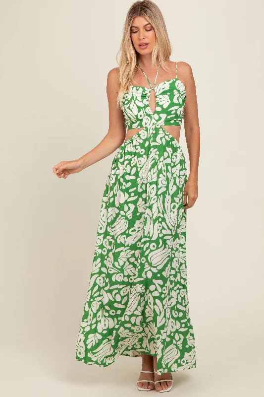 Early Access velvet dressGreen Printed Halter Cut-Out Maxi Dress
