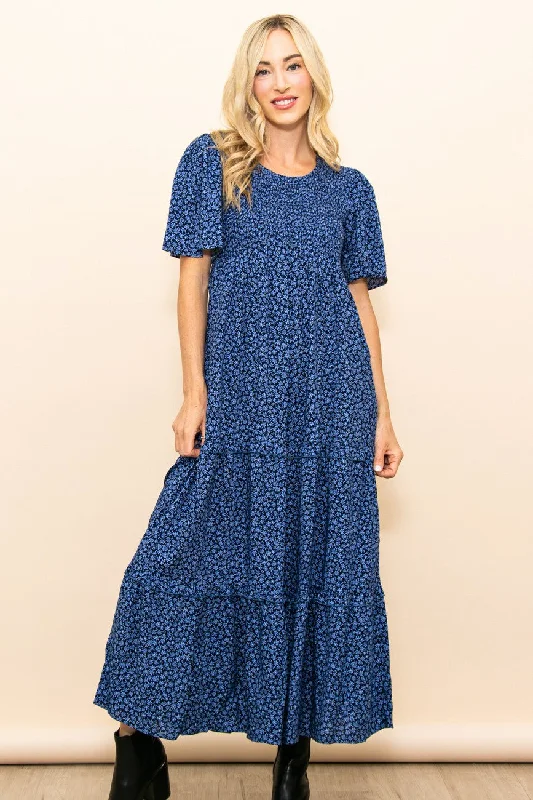 Quick Sale casual day dressBlue Ditsy Floral Smocked Ruffle Tiered Midi Dress