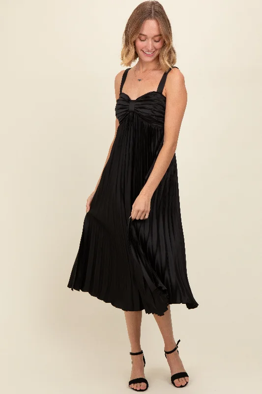 Don't Wait romantic dressBlack Satin Pleated Sweetheart Midi Dress