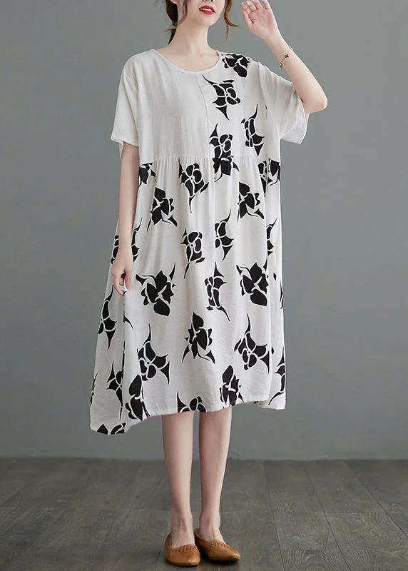 Must-Have Deals sleek dressLoose White O-Neck Cinched asymmetrical design Print Dresses Short Sleeve