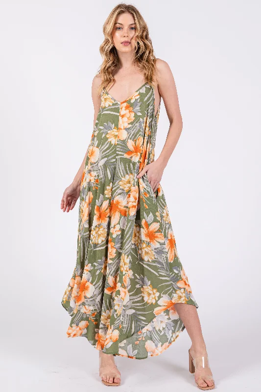Lowest Prices elegant dressLight Olive Floral Cross Back Midi Dress