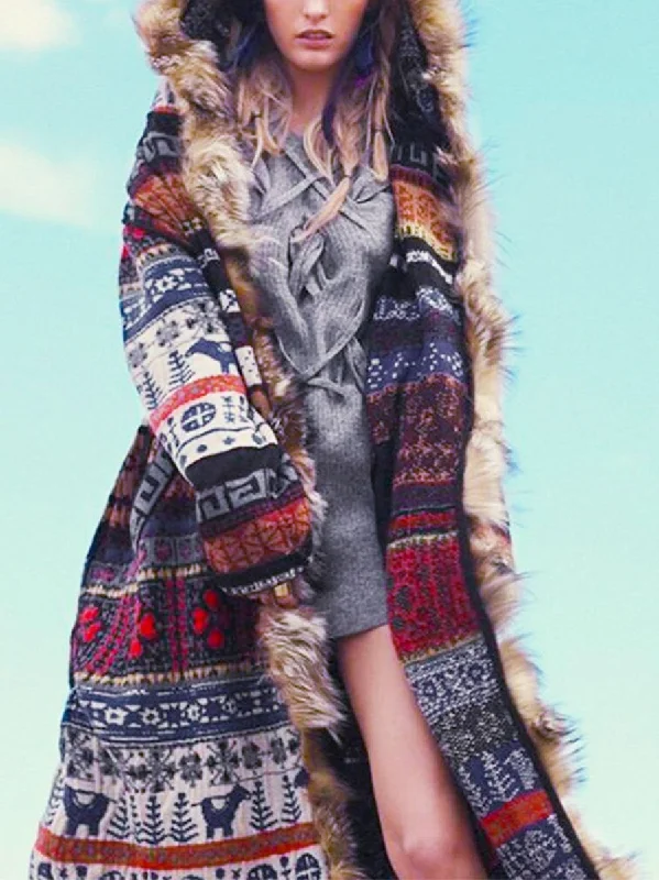 Don't Wait insulated winter jacketEthnic Style Fur Collar Hooded Printed Long-Sleeved Women'S Windbreaker