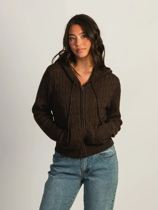 Must-Have Deals HARLOW MAUDE CABLE KNIT ZIP UP - CHOCOLATE