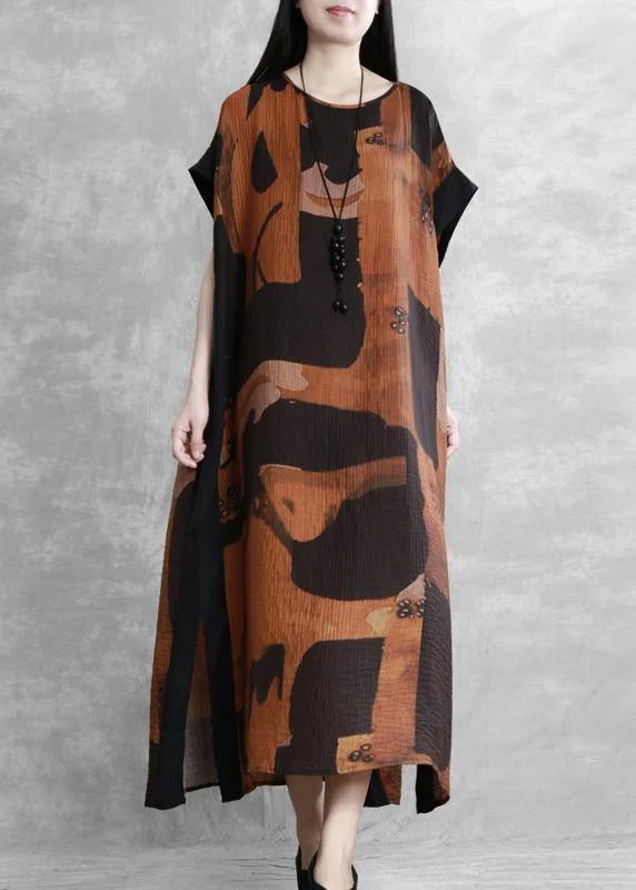 Limited Time Discount chic dressWomen o neck side open summer outfit Tutorials Vintage black print Dress