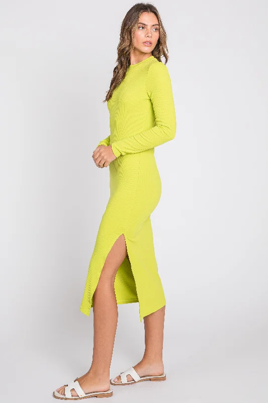 Quick Sale puff sleeve dressLime Ribbed Mock Neck Long Sleeve Midi Dress