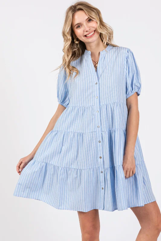 Bargain Blast casual knit dressBlue Striped Button Down Tiered Dress