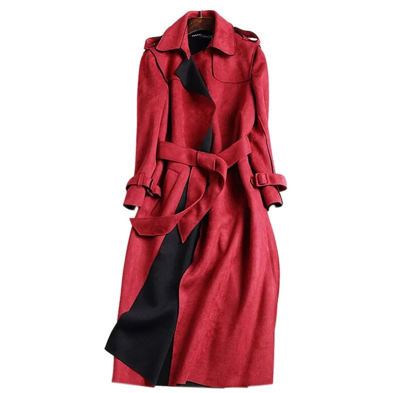 classic trench coat2018 New Autumn Suede Trench Coat Women Abrigo Mujer Long Elegant Outwear Female Overcoat Slim Red Suede Cardigan Trench C3487