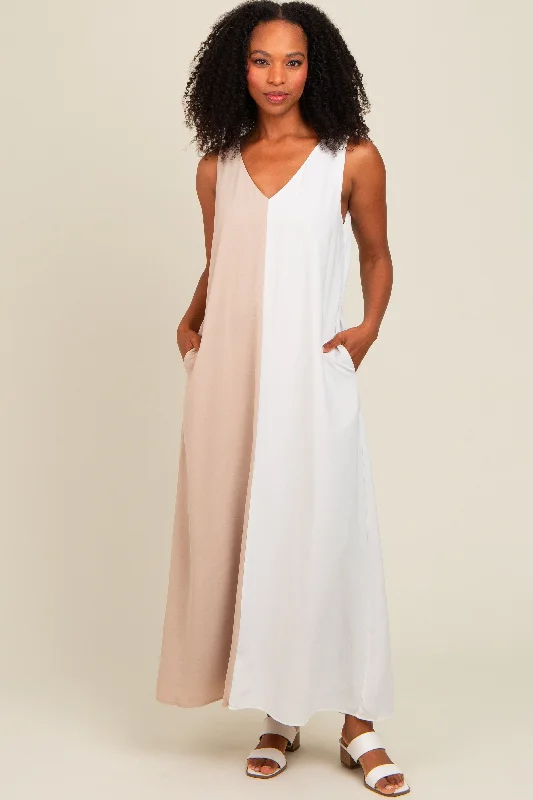 Price Cut sophisticated dressBeige Colorblock Midi Dress