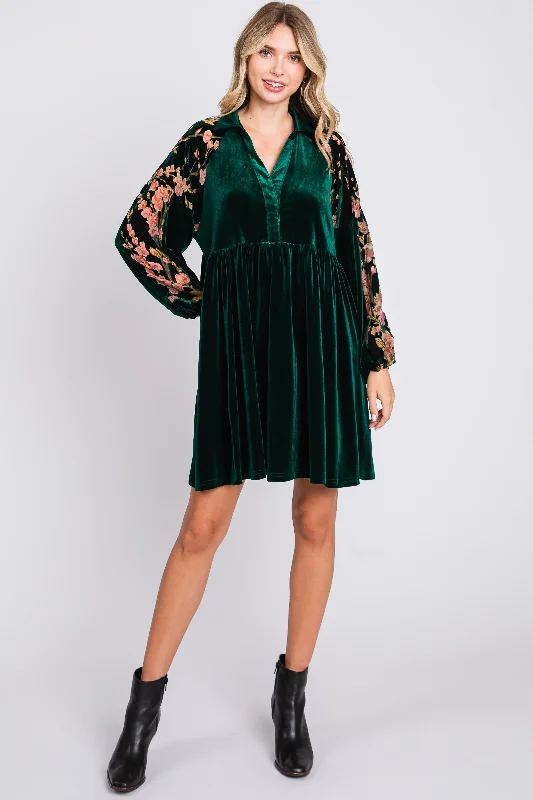Deal Dash cocktail party dressForest Green Velvet Floral Long Sleeve Dress