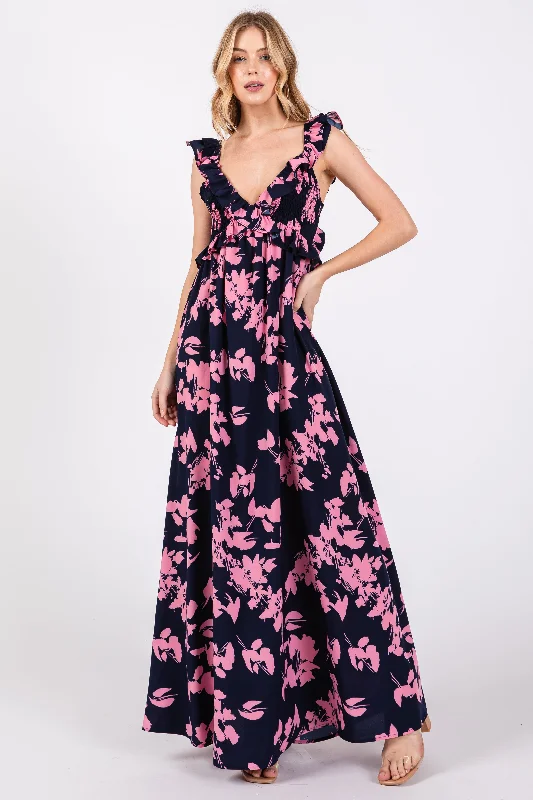 Inventory Reduction draped dressNavy Blue Floral Ruffle V-Neck Back Cutout Maxi Dress