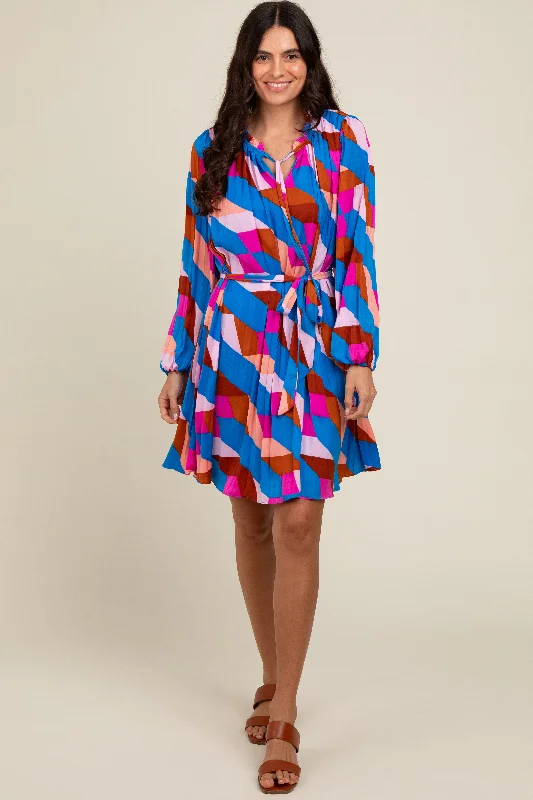 Mega Sale chic dressBlue Geometric Front Tie Long Puff Sleeve Dress