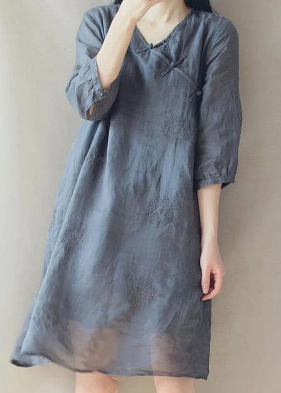 Epic Deals shift dressVintage Grey V Neck Embroideried Button Linen Cheongsam Dress Half Sleeve
