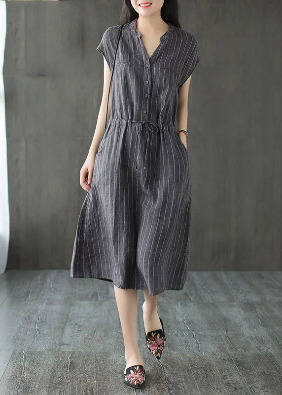 Big Discounts satin midi dressSlim Fit Grey V Neck Button drawstring Striped Linen Dresses Short Sleeve