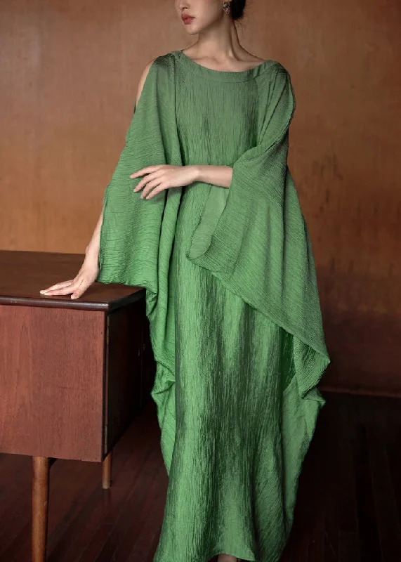 elegant dressPlus Size Green O Neck Solid Cotton Long Dress Batwing Sleeve