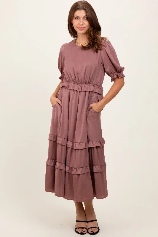 Price Drop sophisticated dressMauve Satin Ruffle Trim Midi Dress