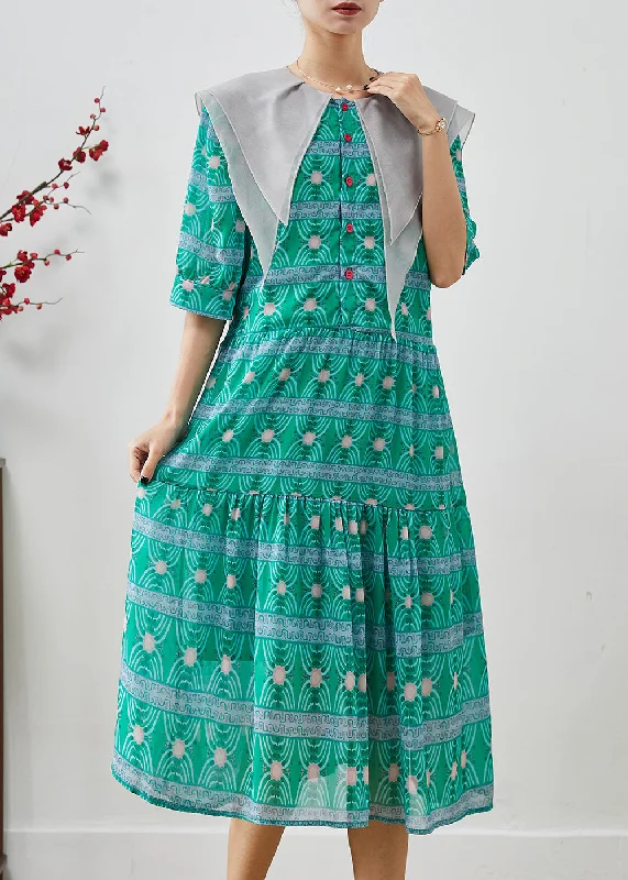 flowy evening dressBoutique Green Double-layer Print Chiffon Dress Summer