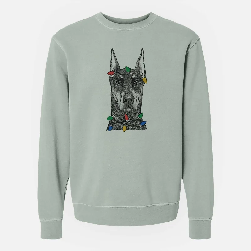 relaxed fit sports hoodieChristmas Lights Drake the Doberman Pinscher - Unisex Pigment Dyed Crew Sweatshirt