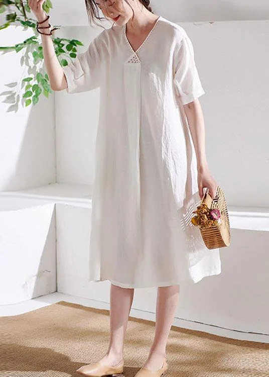 Shop and Save flowy evening dressDIY White V Neck lantern Sleeve Summer Linen Maxi Dress Half Sleeve
