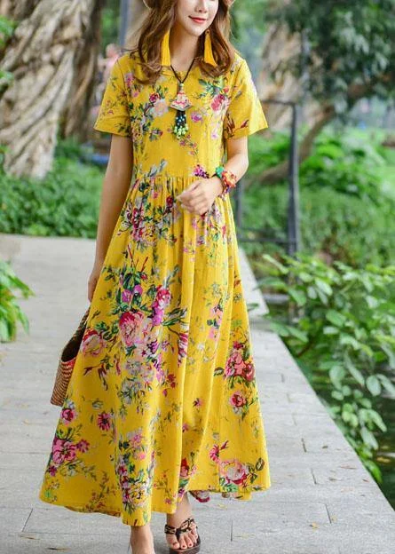 Price Drop Alert casual day dressWomen tie waist cotton quilting dresses design yellow print Dresses summer