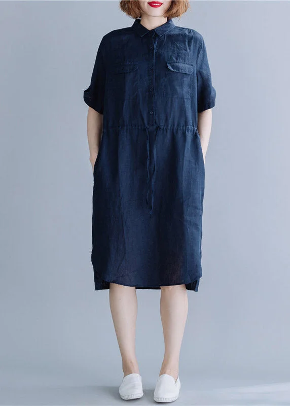 Final Clearance elegant dressNavy side open Button Pockets Shirt Dress Short Sleeve