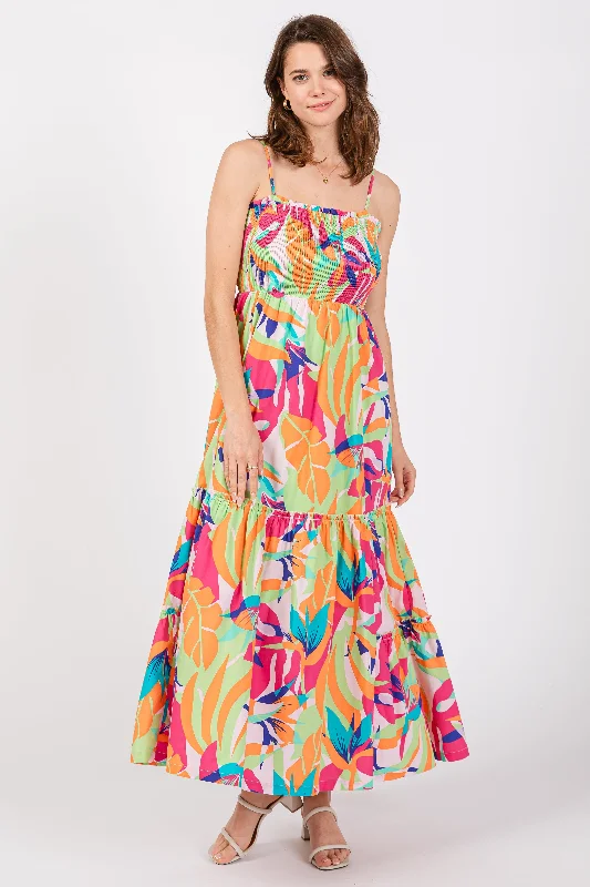 Amazing Deals pleated maxi dressGreen Printed Smocked Bodice Tiered Maxi Dress