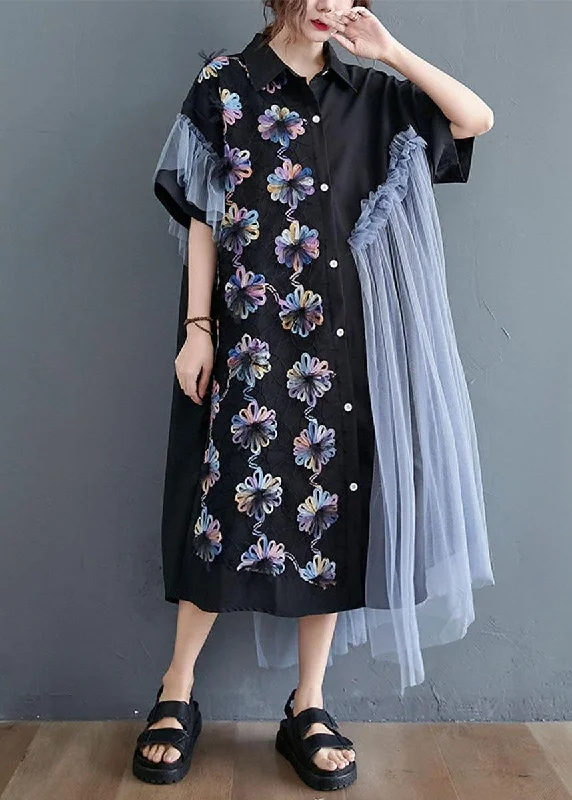 Bonus Savings casual day dressCasual Black Patchwork Tulle Peter Pan Collar Summer Button Dresses Half Sleeve