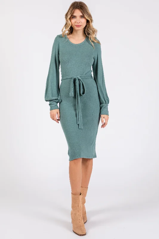 Quick Sale stylish party dressGreen Soft Brushed Waist Tie Bubble Sleeve Dress