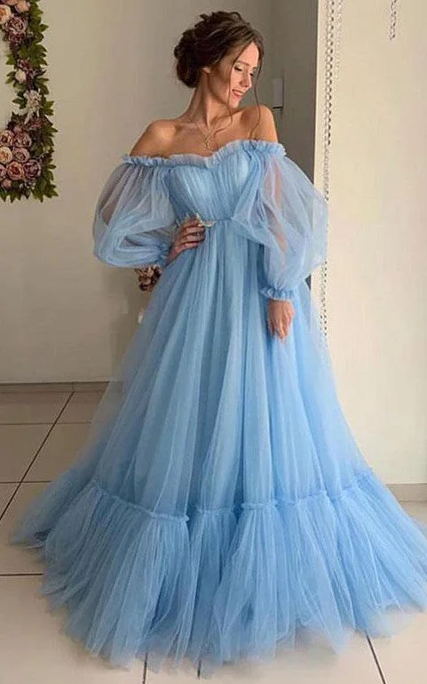 one-shoulder dressTulle Floor-length Brush Train Ball Gown Long Sleeve Ethereal Prom Dress with Ruffles-334282