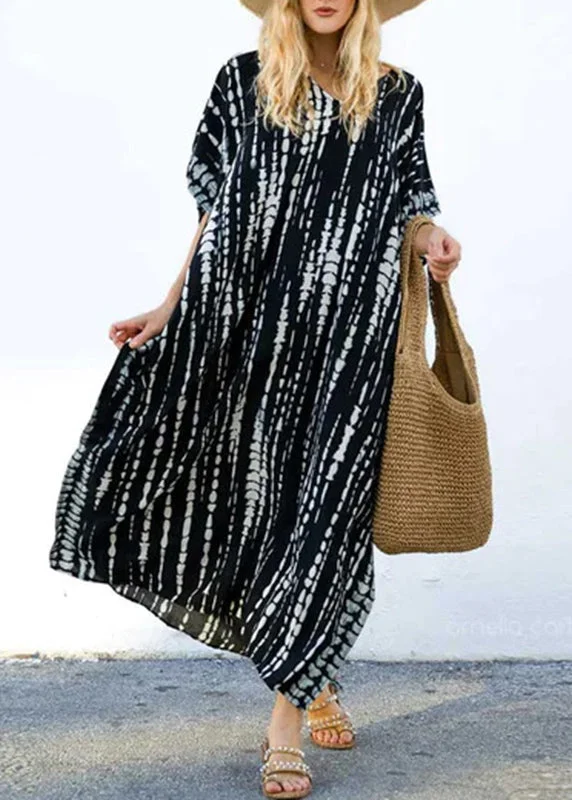 fitted cocktail dressBoho Black O-Neck Striped Side Open Maxi Dresses Short Sleeve