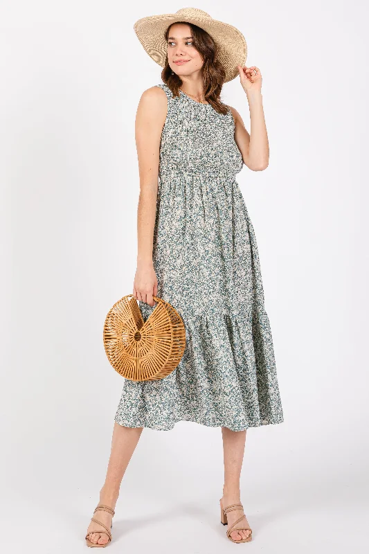 Amazing Deals chic dressTeal Floral Smocked Ruffle Hem Sleeveless Midi Dress