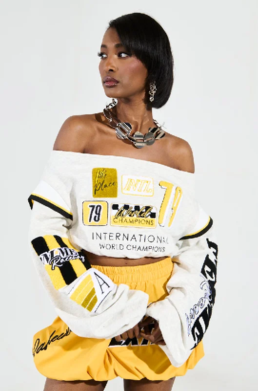 Hurry In RACING THROUGH OFF THE SHOULDER SWEATSHIRT