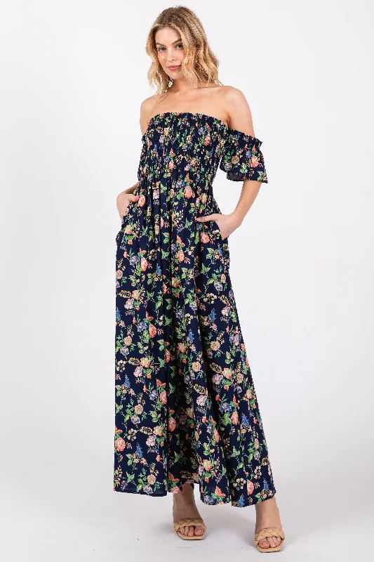 Discount Deals casual slip dressNavy Blue Floral Off Shoulder Dress