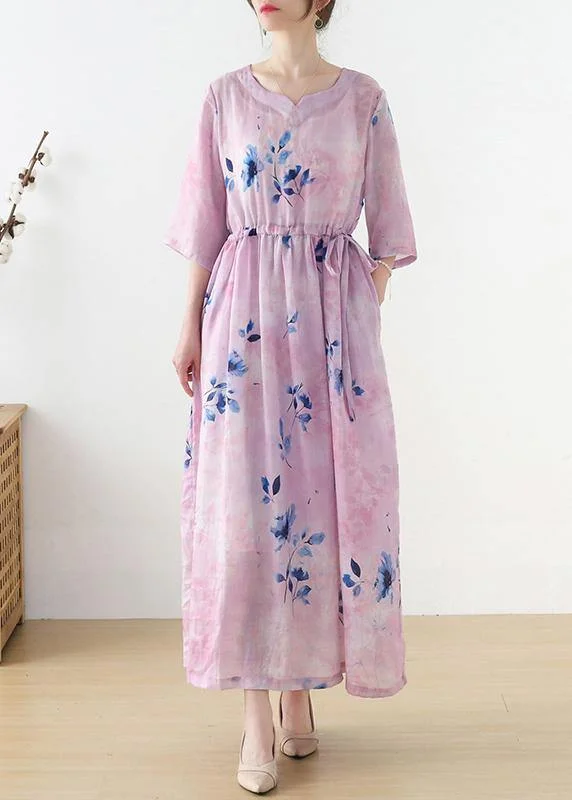 Special Price knit dressWomen Pink Print Tie Waist Maxi Dresses Summer Ramie