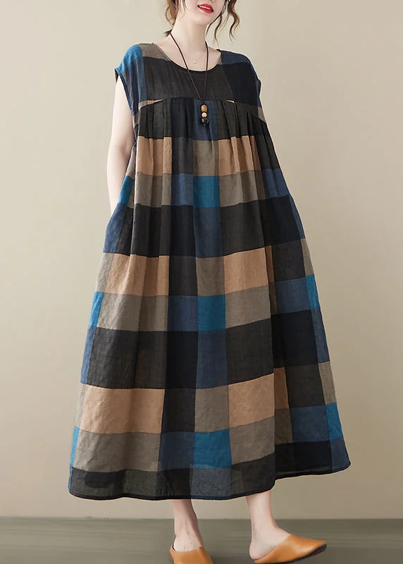 Clearance Sale wool dressStylish Black Plaid O-Neck Linen Long Dresses Short Sleeve