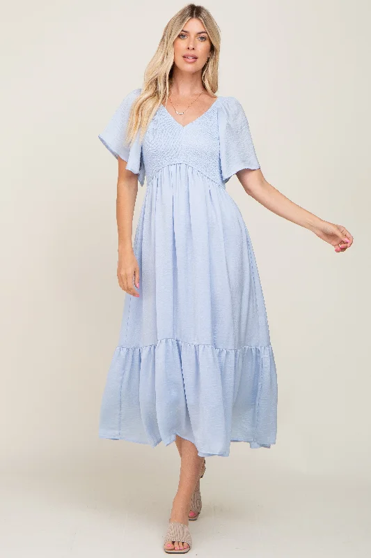 Big Discounts v-neck dressLight Blue Satin Smocked Midi Dress