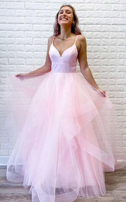 backless dressSatin Tulle Floor-length A Line Sleeveless Adorable Prom Dress with Ruffles-334342