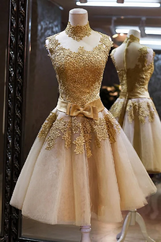 vintage dressGorgeous High Neck Sleeveless Golden Appliques Tulle Short Prom Dress-319512