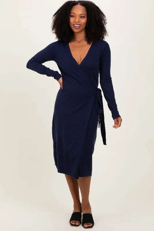 Seasonal Clearance fitted bodycon dressNavy Blue Knit Long Sleeve Wrap Midi Dress