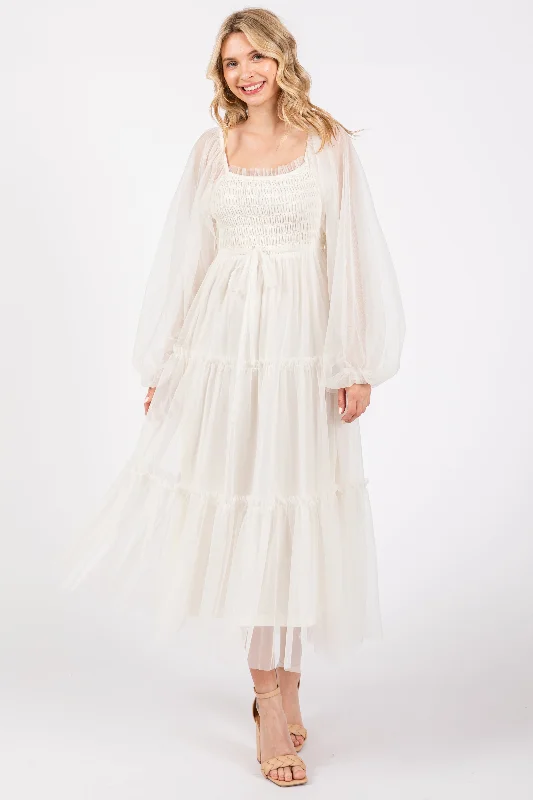 Price Rollback t-shirt dressCream Mesh Tiered Long Sleeve Maxi Dress